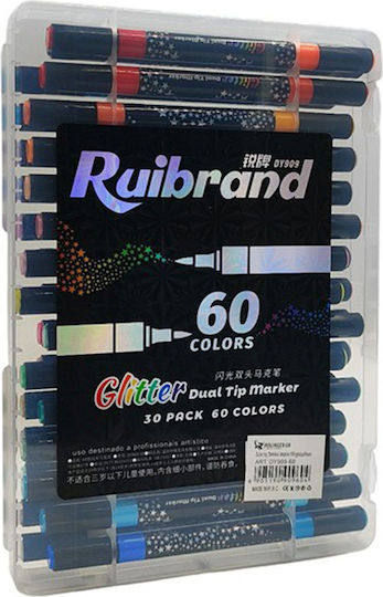 Transparent Drawing Markers with Dual Tip with Glitter Set 60pcs