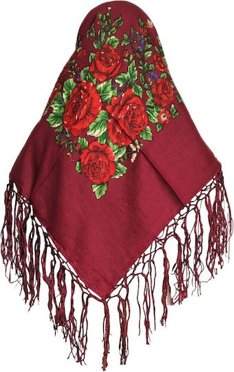 Traditional Headscarf with Tassels 105x105cm Mark791 – Traditional Costume Accessories Burgundy