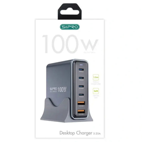 SiiPro Charging Station With 2 USB-A Output Ports And 4 USB-C Output Ports 100W Power Delivery In Grey Colour SD-100