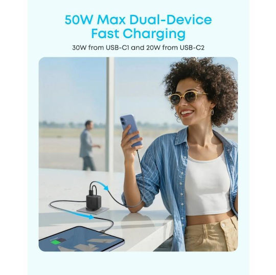 Anker Charger with Built In Cable with 2 USB-A Ports and 2 USB-C Ports 50W Power Delivery White