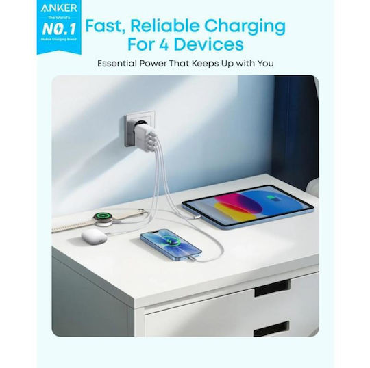 Anker Charger with Built In Cable with 2 USB-A Ports and 2 USB-C Ports 50W Power Delivery White