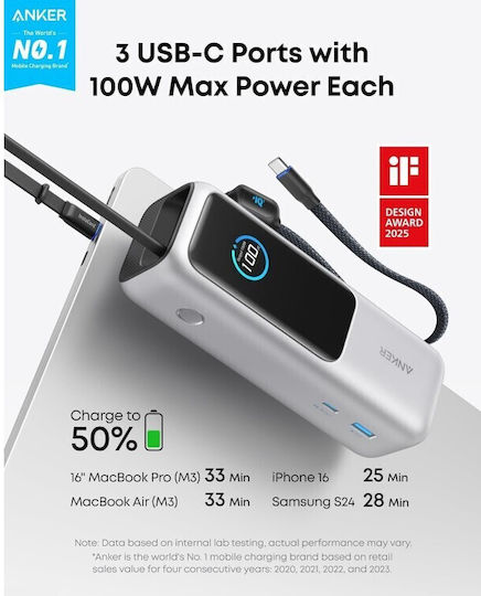 Anker Zolo Baterie Externă 25000mAh 165W cu Port USB-A Power Delivery / Încărcare Rapidă Argintie