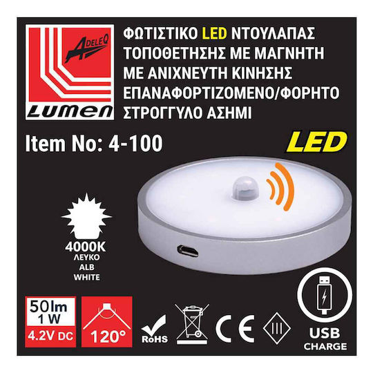 Adeleq Rechargeable LED Light for Cabinets with Battery Powered and Motion Sensor 1pcs