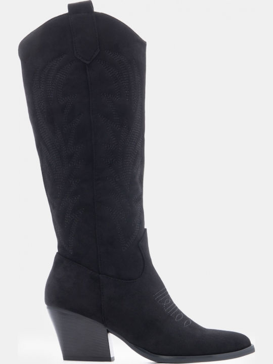 Suede Women's Cowboy Boots with Mid Heel Black