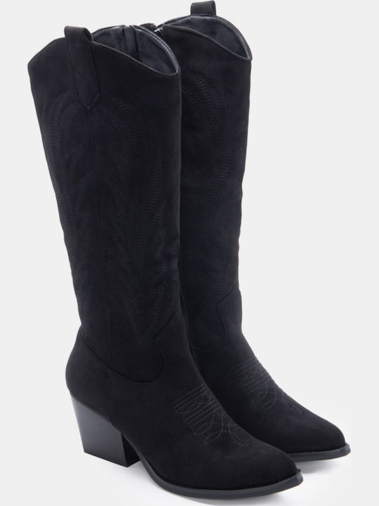 Suede Women's Cowboy Boots with Mid Heel Black