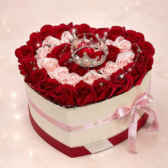Aranjament Floral Regal 35 Trandafiri De Săpun Coroană Regală Accesorii Cu Perle În Cutie În Formă De Inimă Roșu-Roz