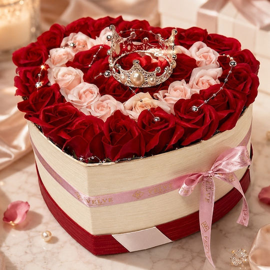Aranjament Floral Regal 35 Trandafiri De Săpun Coroană Regală Accesorii Cu Perle În Cutie În Formă De Inimă Roșu-Roz