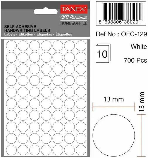 Tanex 700 buc Etichete Adezive Rotunde în Culoare Albă 13mm