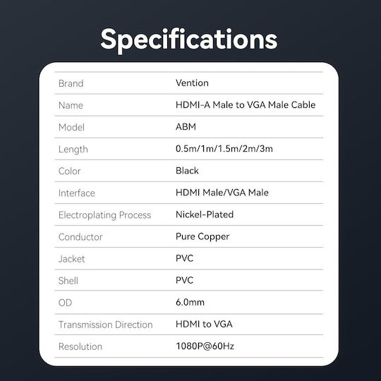 Vention Hdmi-a Male To Vga Male Cable 3.0m Black Abmbi