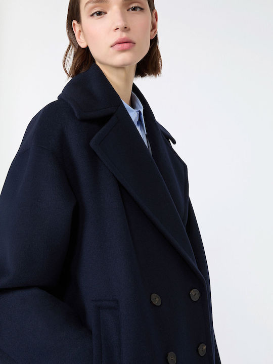 Wool Women's Half Coat Navy Oversized with Buttons