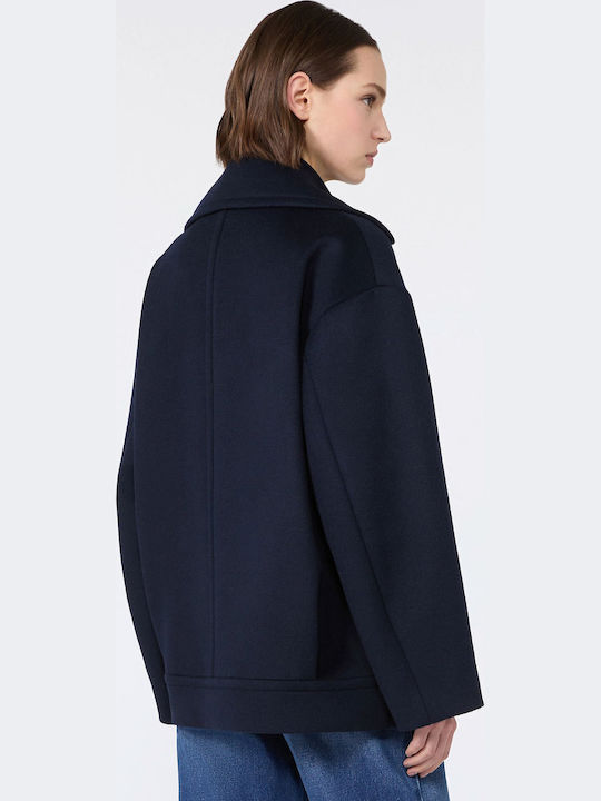 Wool Women's Half Coat Navy Oversized with Buttons