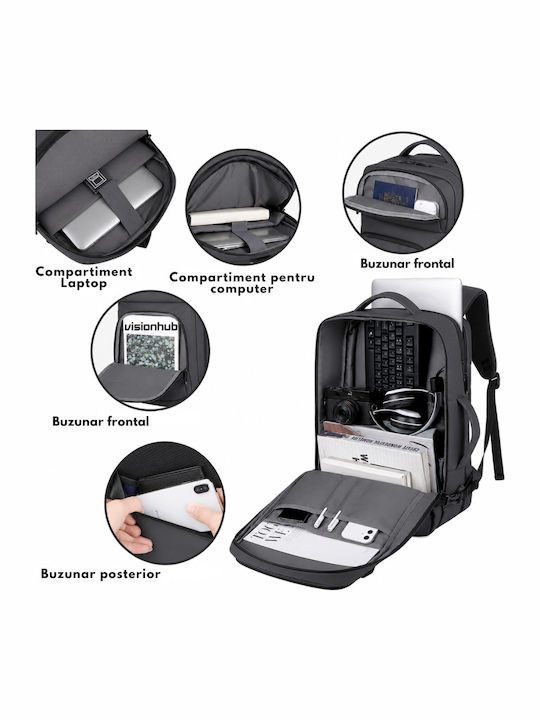 Rucsac de Călătorie pentru Laptop de 17 inci Spațiu Extensibil Impermeabil Ideal pentru Zboruri Compatibil cu Bagajul de Cabină Multifuncțional Rucsac Visionhub Port de Încărcare USB Buzunare Multiple Capacitate Mare 47x19x31 Cm Gri