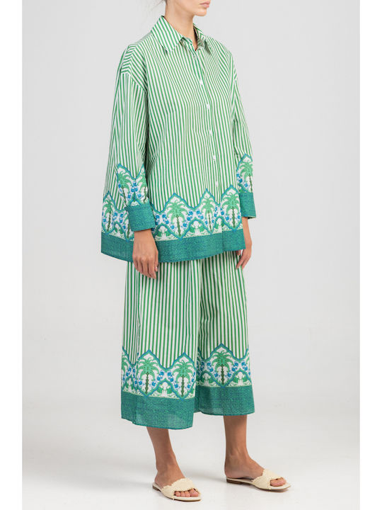 Long Sleeve Women's Cotton Shirt Green Striped