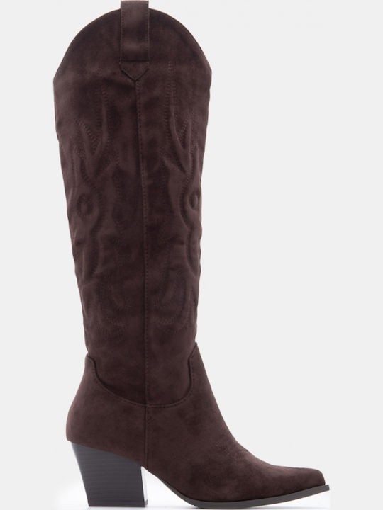 Suede Women's Boots Cowboy with Mid Heel Brown