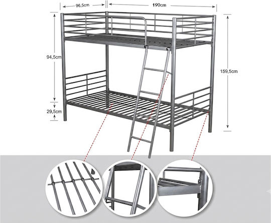 Kids Bed Bunk Single Grey for Mattress 90x190cm