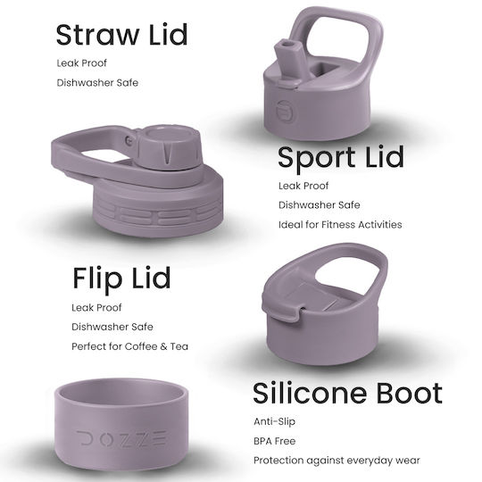 Dozze Monochrome Edition Thermos Bottle Stainless Steel BPA Free 620ml Mauve Purple with Straw and Handle