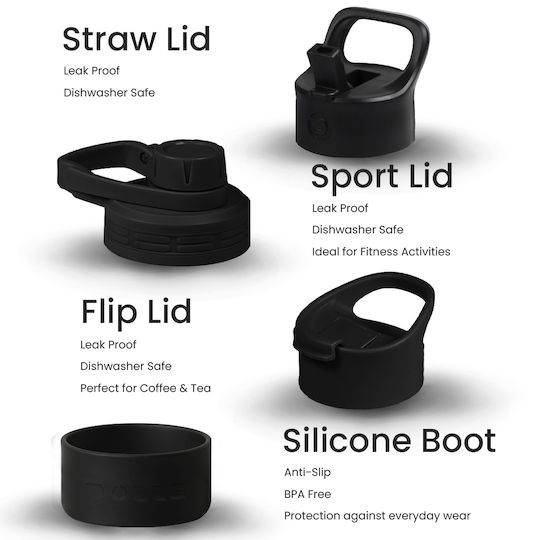 Monochrome Edition Thermos Bottle Stainless Steel BPA Free 620ml Midnight Black with Straw