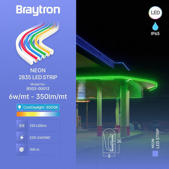 Braytron Водоустойчива LED Лента 220V Студено Бяло Светлина Неон Flex