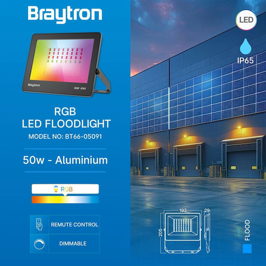 Braytron Αδιάβροχος LED Προβολέας 50W RGB με Τηλεχειριστήριο IP65