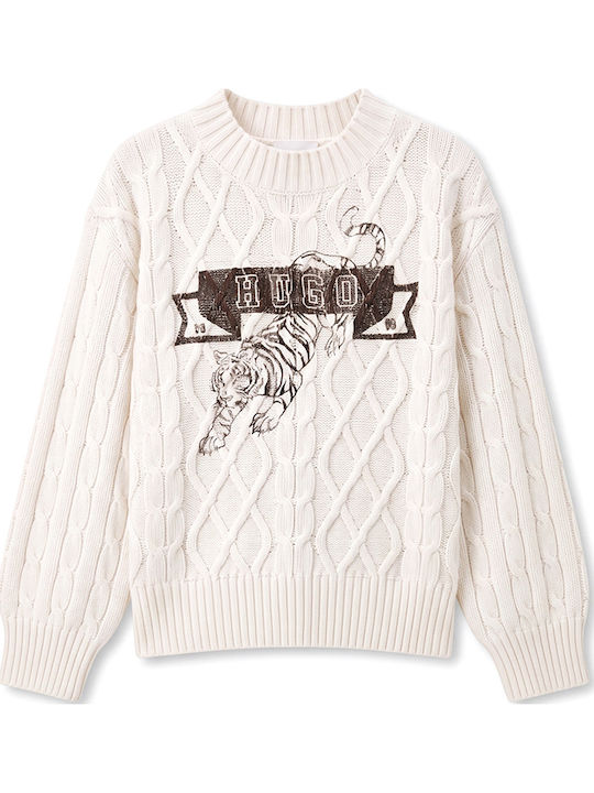 Damen Langärmeliges Baumwollpullover Tierdruck Ecru-Braun
