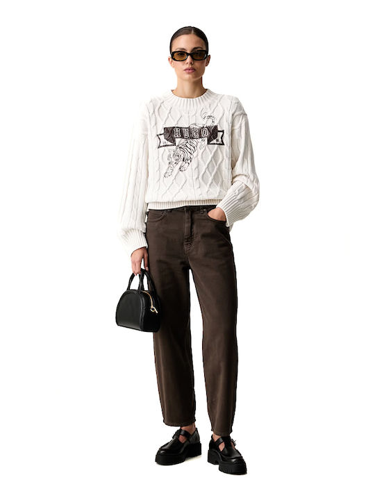 Damen Langärmeliges Baumwollpullover Tierdruck Ecru-Braun