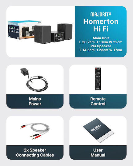 Majority Mini Hifi 2xspeakers Cd Bt Usb Fm Iradio 60w Homerton Black