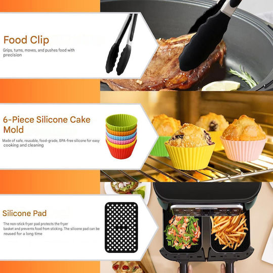 Set 17 Accesorii Ninja Foodi Af300eu Af400eu Af500eu pentru Prăjitoare cu Aer Dual Zone 7.6l-9.5l Fără Bpa Silicon Alimentar Oțel Inoxidabil 304 2 Inserții Din Silicon Frigărui Pentru Gătit Forme Pentru Grătar și Brioșe Mănuși Clești 100 Foi Hârtie Pentru Copt