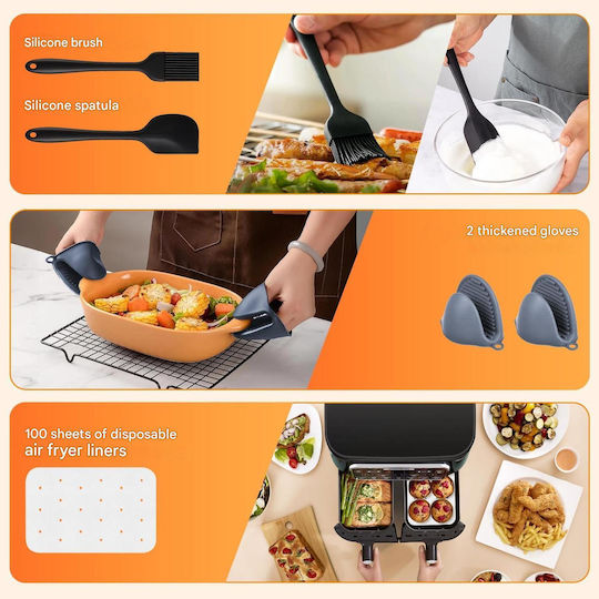 Set 17 Accesorii Ninja Foodi Af300eu Af400eu Af500eu pentru Prăjitoare cu Aer Dual Zone 7.6l-9.5l Fără Bpa Silicon Alimentar Oțel Inoxidabil 304 2 Inserții Din Silicon Frigărui Pentru Gătit Forme Pentru Grătar și Brioșe Mănuși Clești 100 Foi Hârtie Pentru Copt