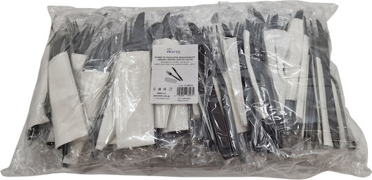 Schwarzes Plastikbesteck-Set Messer Gabel Serviette Pack/100 Stk