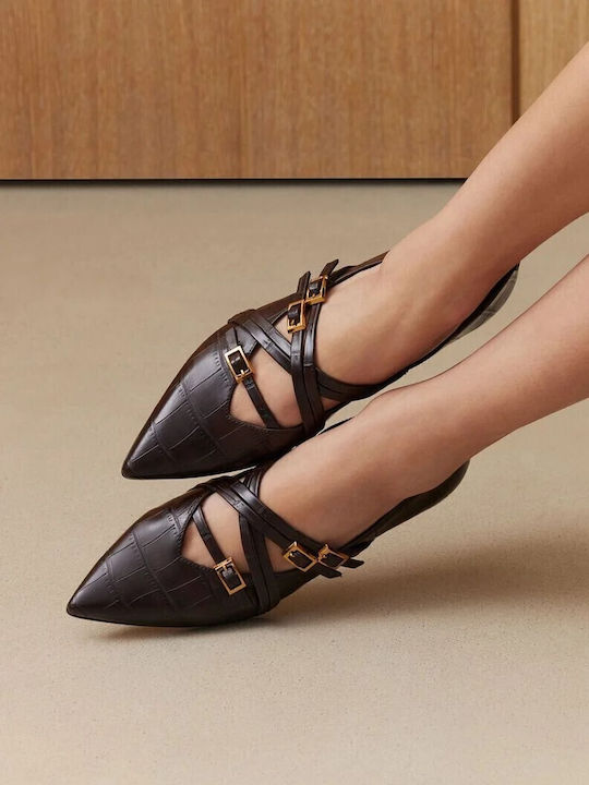 Leder Damen Ballerinas Spitz zulaufend mit Riemen Braun