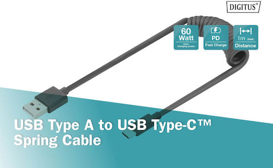 Digitus Spiral USB 2.0 Cable USB-C Male - USB-A 60W PD Black 1m AK-300430-006-S
