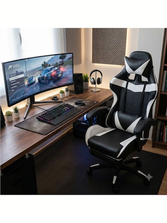 DreamHouse YT0098 Gaming Stuhl aus Künstliches Leder mit Fußstütze Schwarz/Weiß