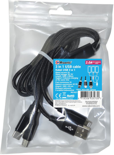 MSonic Braided USB to Lightning / Type-C / micro USB Cable 2A Μαύρο 1m MLU621