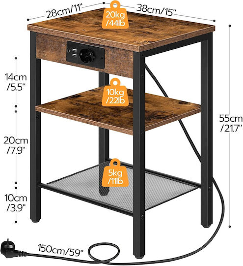 Wooden Bedside Table with Brown Metal Legs 38x28x55cm