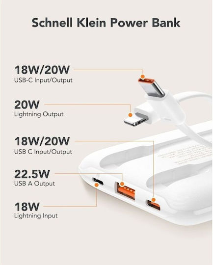 Veger W1170 Power Bank 10000mAh 22.5W με Θύρα USB-A και Θύρα USB-C Power Delivery / Quick Charge Λευκό