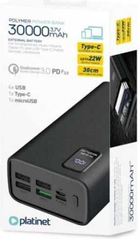 Platinet PL0415 Power Bank 30000mAh 22.5W mit 4 USB-A Ausgangsanschlüssen und USB-C Ausgangsanschluss Schnellladung Schwarz