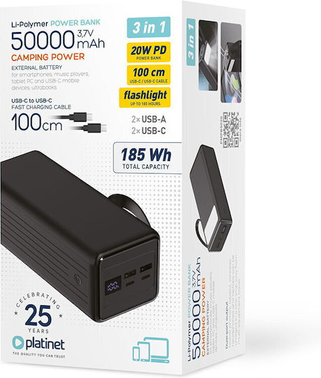 Platinet Външна Батерия 50000mAh 20W с 2 USB-A Изходни Порта и USB-C Изходен Порт Power Delivery / Бързо Зареждане Черна