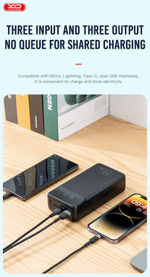 XO PR201 Външна батерия 30000mAh 65W с 2 USB-A изходни порта и USB-C изходен порт Power Delivery / Quick Charge Черна