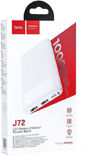 Hoco J72 Easy Τravel Power Bank 10000mAh 37W with 2 USB-A Ports and USB-C Port White