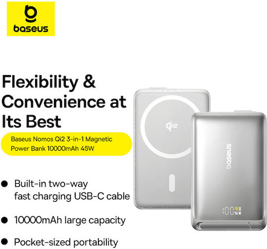 Baseus Nomos Qi2 Външна батерия 10000mAh 45W с USB-C Порт Сребриста