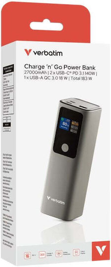 Verbatim Charge 'n' Go Power Bank 27000mAh 140W mit 2 USB-C Ausgangsanschlüsse Power Delivery Quick Charge PPS Grau