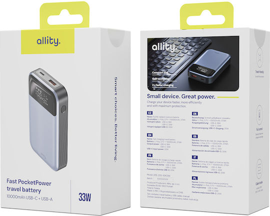 Allity APB-200 Baterie Externă 10000mAh 33W Power Delivery Încărcare Rapidă Gri