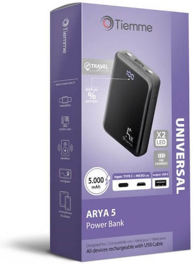 Tiemme Соларно Power Bank 5000mAh 10W с USB-A Порт и 2 USB-C Порта Черен