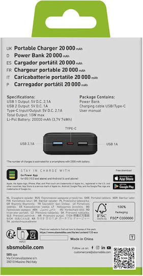 SBS Fast Power Bank 20000mAh με 2 Θύρες USB-A Μαύρο