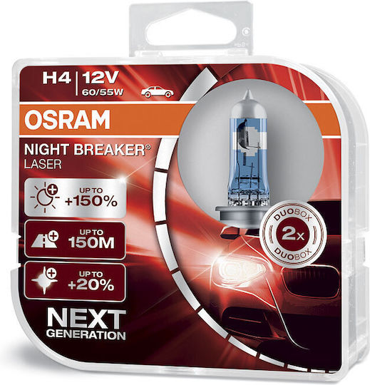 Set 2 Bulbs 12v H4 60/55 W Night Breaker Laser Nextgen +150% Osram