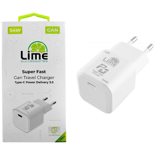 Lime Charger Without Cable GaN with USB-C Port 54W Power Delivery Whites (LTC54W)