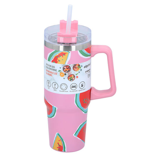 Alpina Appliances Handled Tumbler Θερμός Ανοξείδωτο 900ml Ροζ με Καλαμάκι και Λαβή