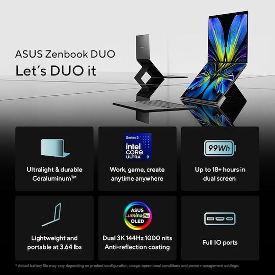 Asus Zenbook Duo UX8407AA-DS99T 14 Zoll OLED Touchscreen 144Hz (Ultra 9-386H/32GB/1TB SSD/W11 Startseite) (Englisch (US) Tastatursprache)
