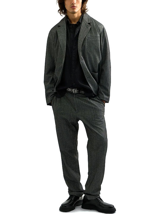 Men's Elastic Tapered Trousers Grey- White
