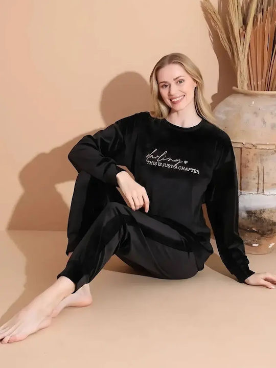 Boyraz Boyraz Damen Schlafanzug Set Winter Schwarz